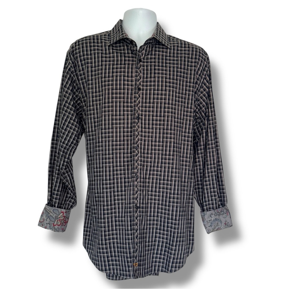 Thomas Dean XL Check Shirt Contrast Paisley Trim Button Front Casual Dress